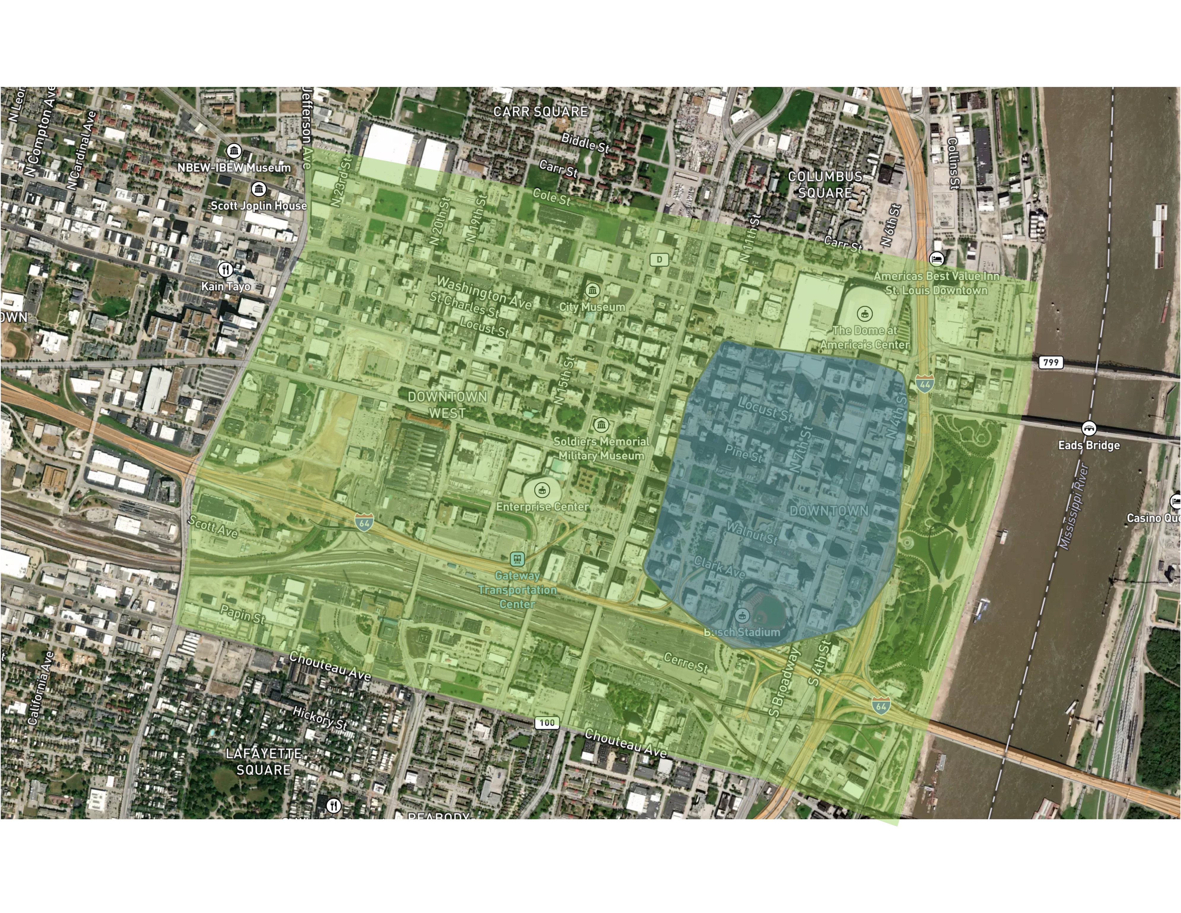 A map of how a Wall Street Journal study defines Downtown St. Louis, vs. its actual geography.