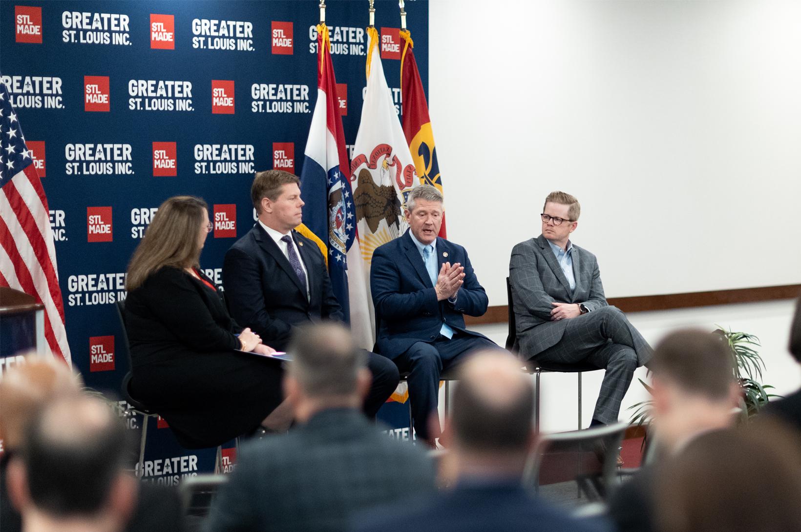 Jan. 2023 Public Policy Speaker Series GSL's Tracy Henke moderates a panel with three Missouri legislators at the offices of Greater St. Louis, Inc.