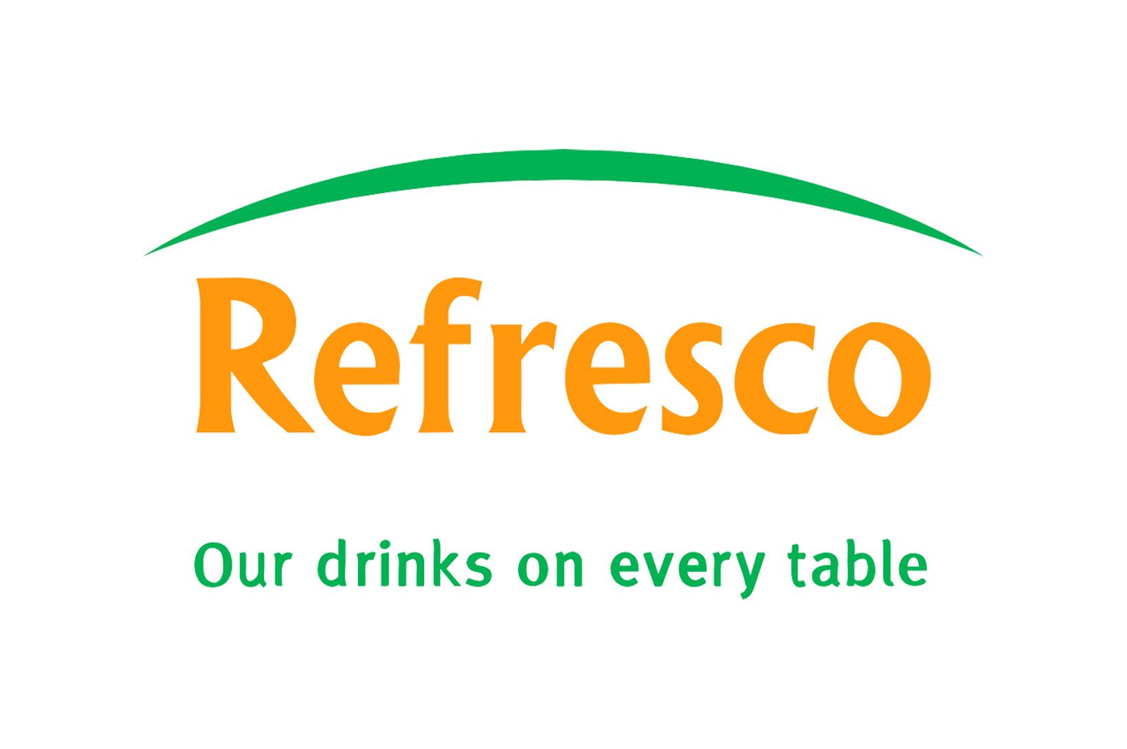 Refresco logo Refresco logo with the words: Our drinks on every table