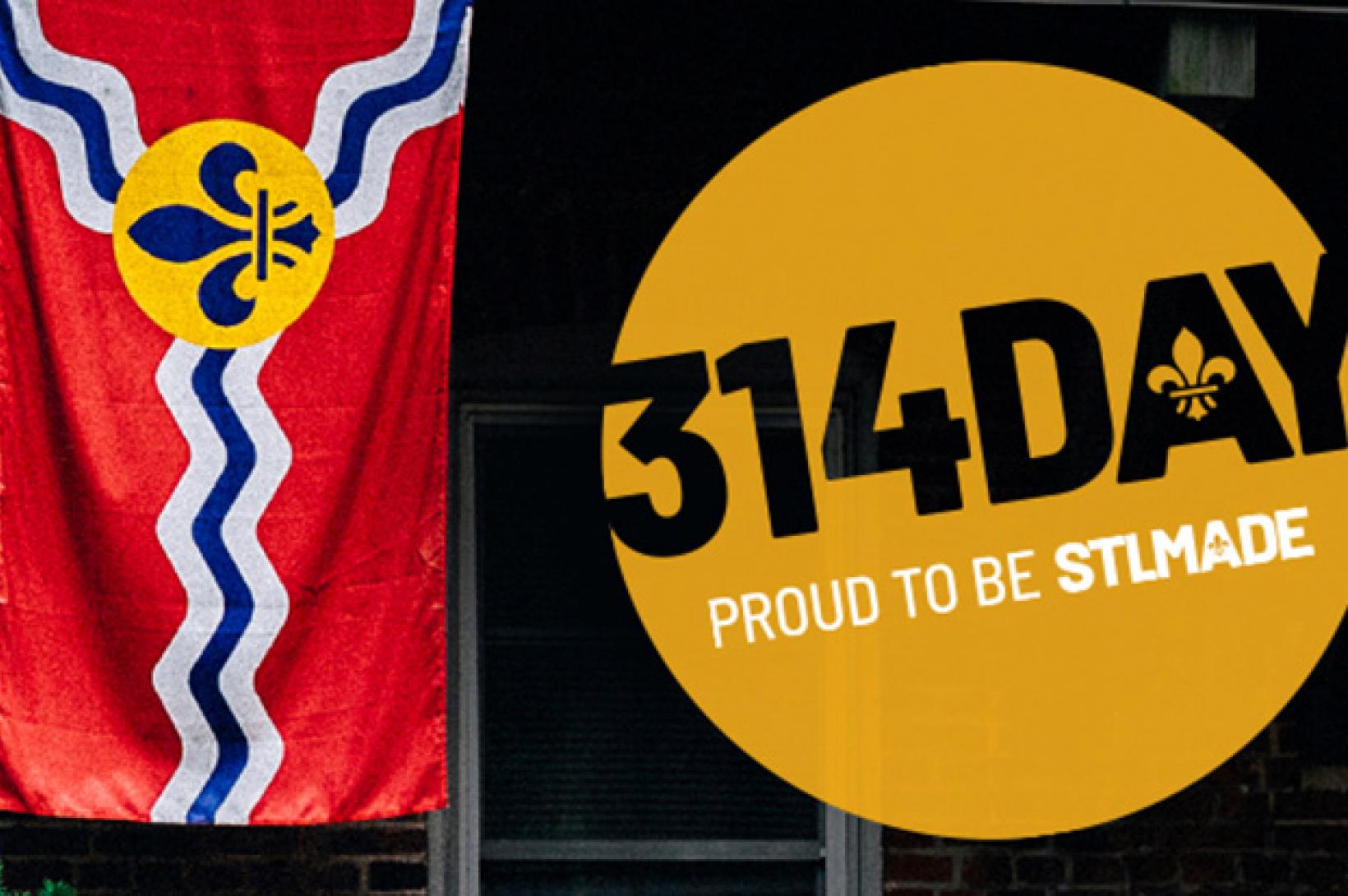 314 Day 2023 City of St. Louis Flag and circle with 3 1 4 Day and Proud to be S T L Made