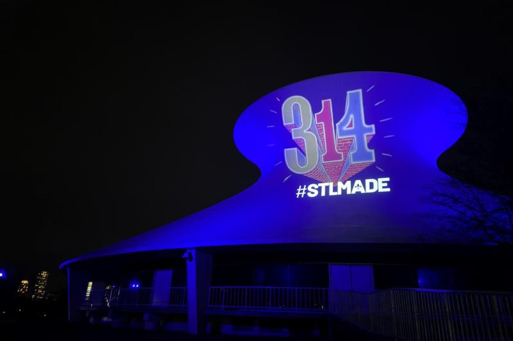 St. Louis Planetarium on 314 Day 2023 Set against a dark night sky, the Planetarium is illuminated with the 314 day logo on 314 Day 2023.