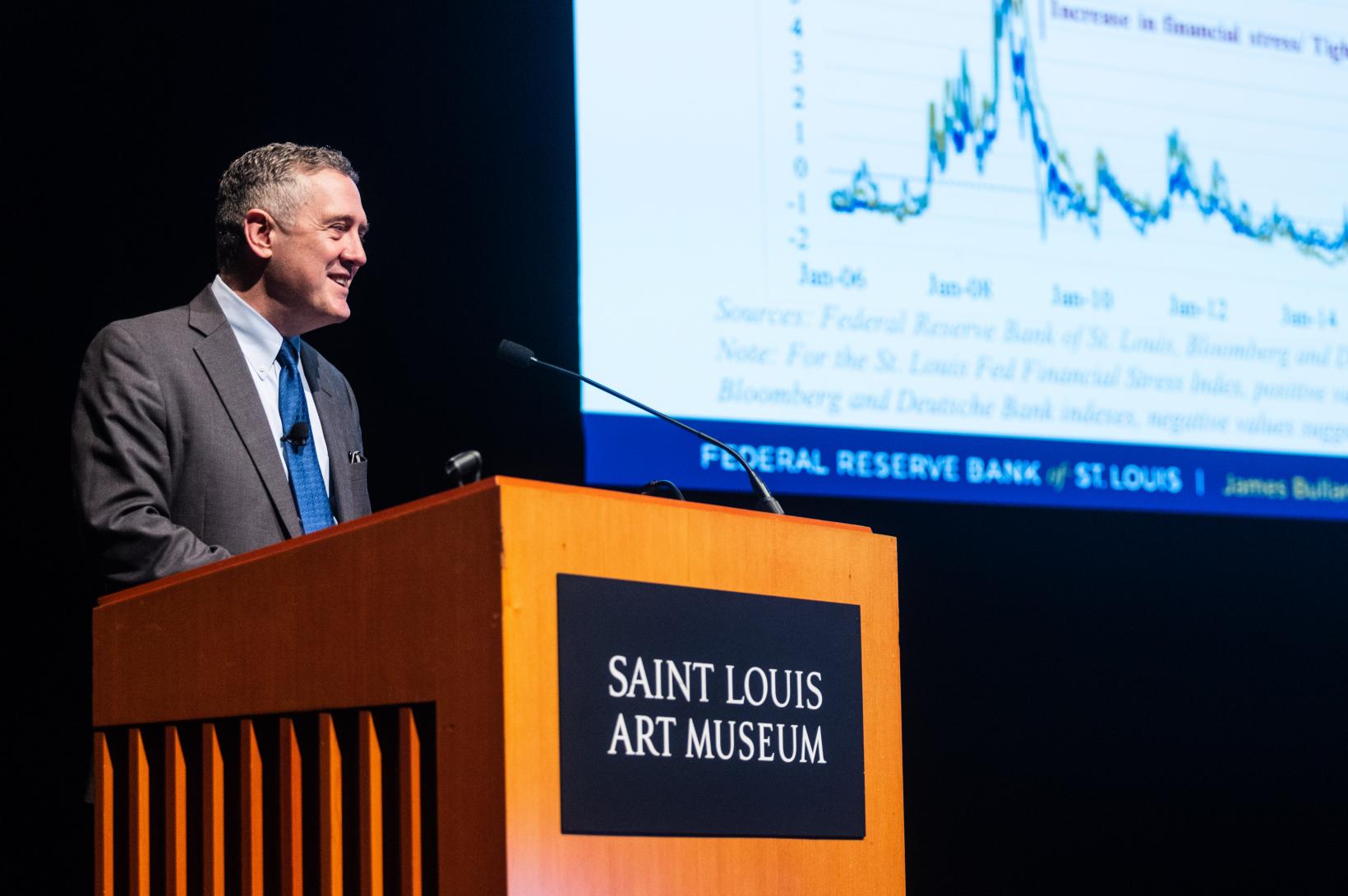 James Bullard, President and CEO of the Federal Reserve Bank of St. Louis James Bullard addresses the audience from the stage at the Saint Louis Art Museum.