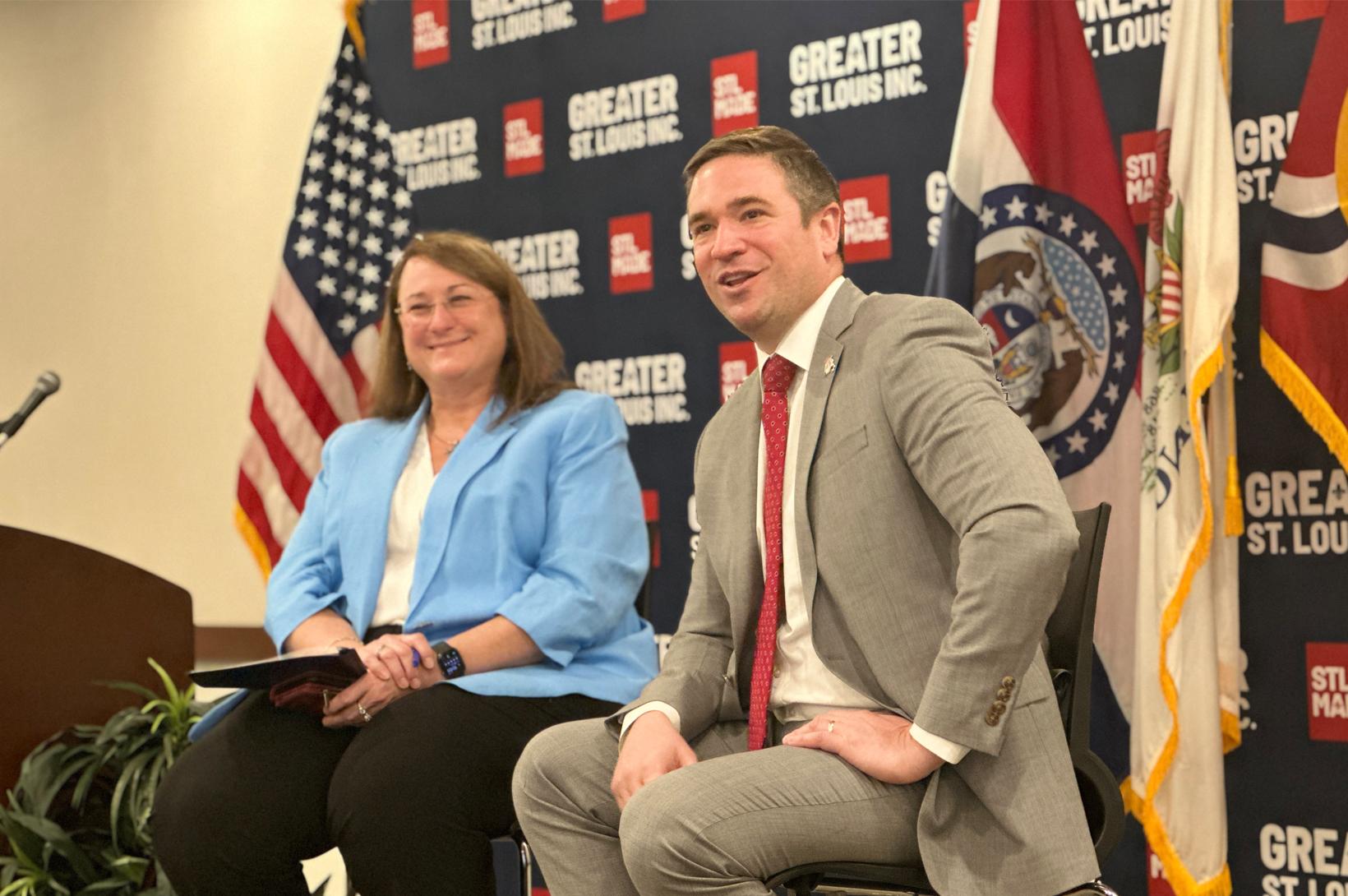 Missouri Attorney General Andrew Bailey and GSL Chief Policy Officer Tracy Henke Missouri Attorney General Andrew Bailey addresses an audience at Greater St. Louis, Inc. alongside Tracy Henke.
