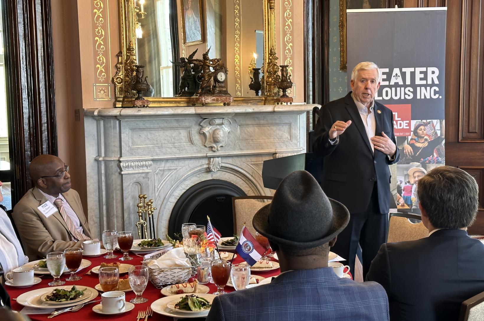 Gov. Parson Addresses GSL Delegates Governor Mike Parson addresses Greater St. Louis, Inc. delegates at the Governor's Mansion.