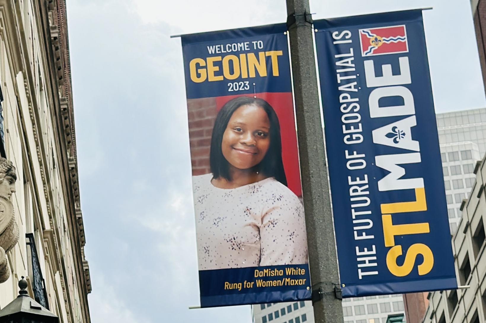 St. Louis Welcomes GEOINT Photo of Downtown St. Louis banners welcoming visitors to GEOINT 2023