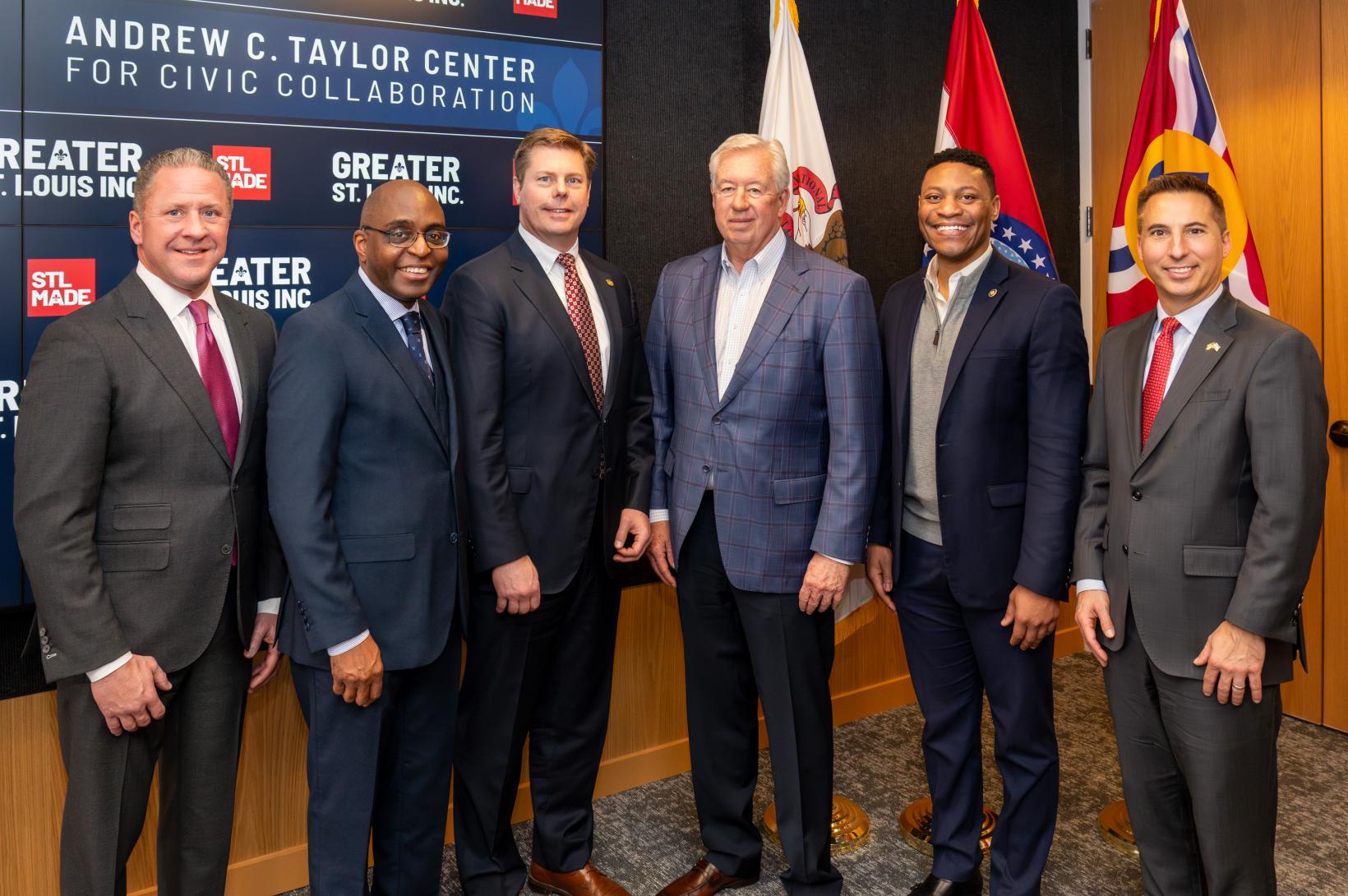 2024 Missouri Public Policy Speaker Series Legislative and civic leaders pose for a photo in the Andrew C. Taylor Center for Civic Collaboration.