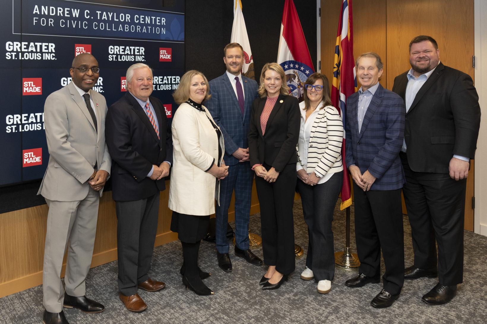 Illinois Public Policy Speaker Series, March 1, 2024 Illinois elected officials pose in the Andrew C. Taylor Center for Civic Collaboration.