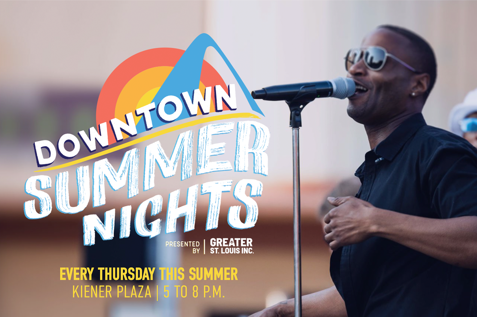 Summer Nights 2024 - Newsroom A graphic featuring a Black man singing into a microphone with the words "Downtown Summer Nights: Every Thursday this Summer, Kiener Plaza, 5 - 8 p.m.
