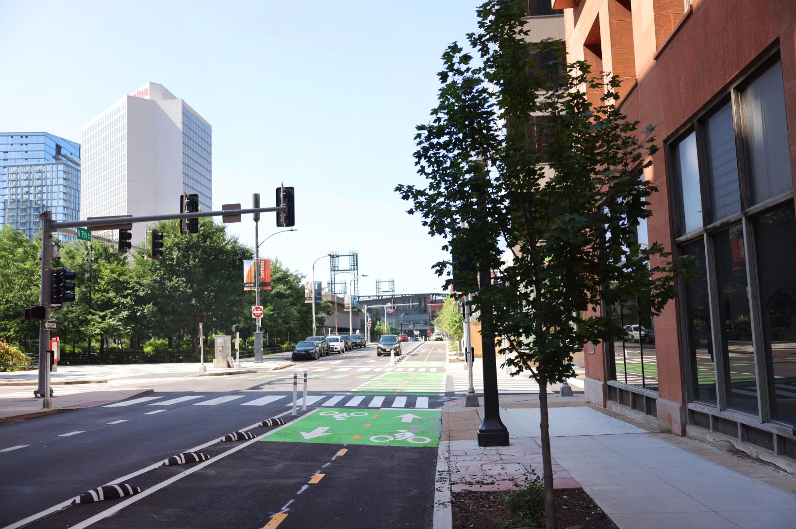 An image of the newly redeveloped 7th Street in Downtown St. Louis facing south, featuring bike lanes.