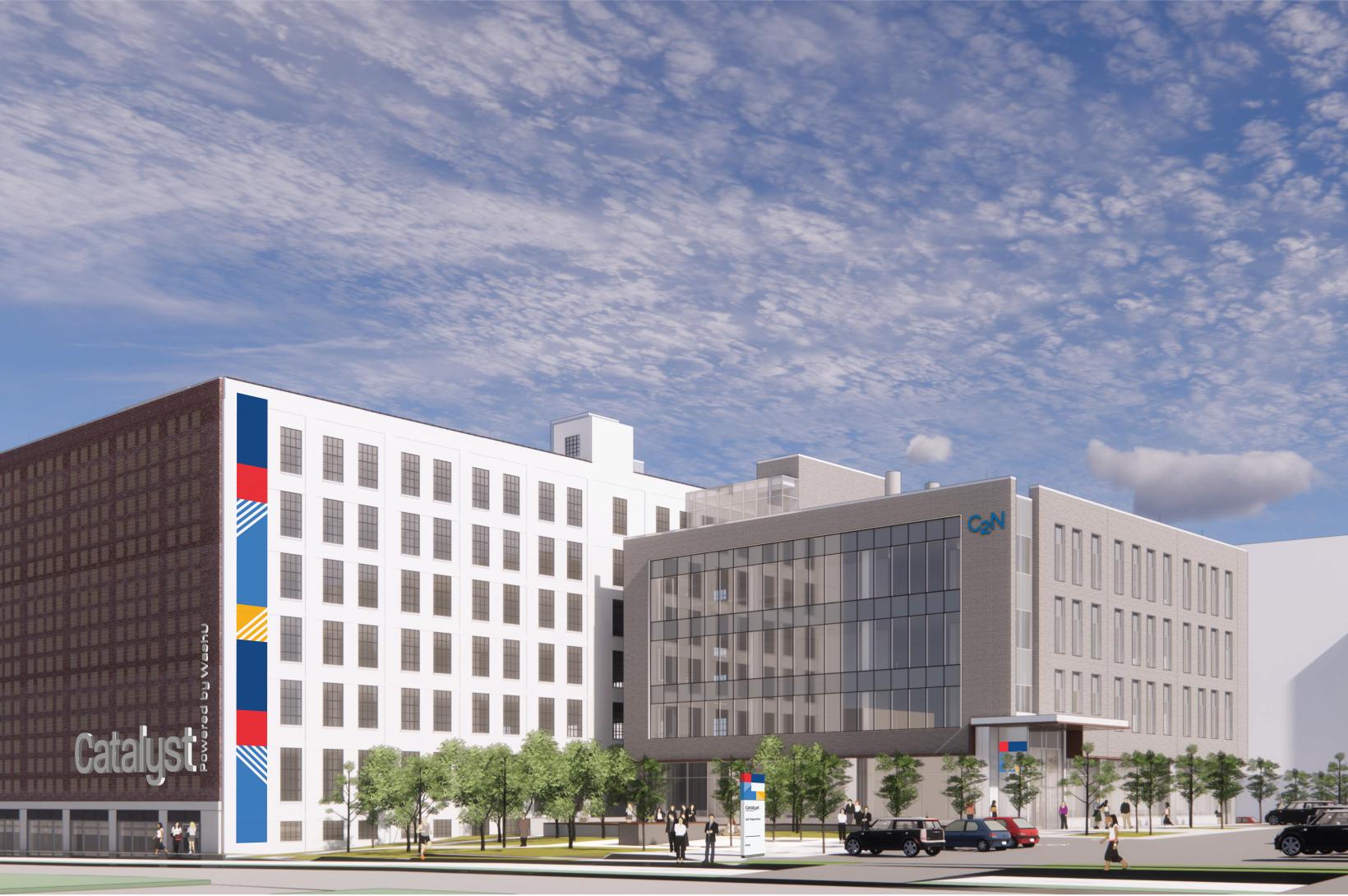 Catalyst, Powered by WashU, and C2N An artist's rendering of the new Catalyst, Powered by WashU building, with C2N as the anchor tennant