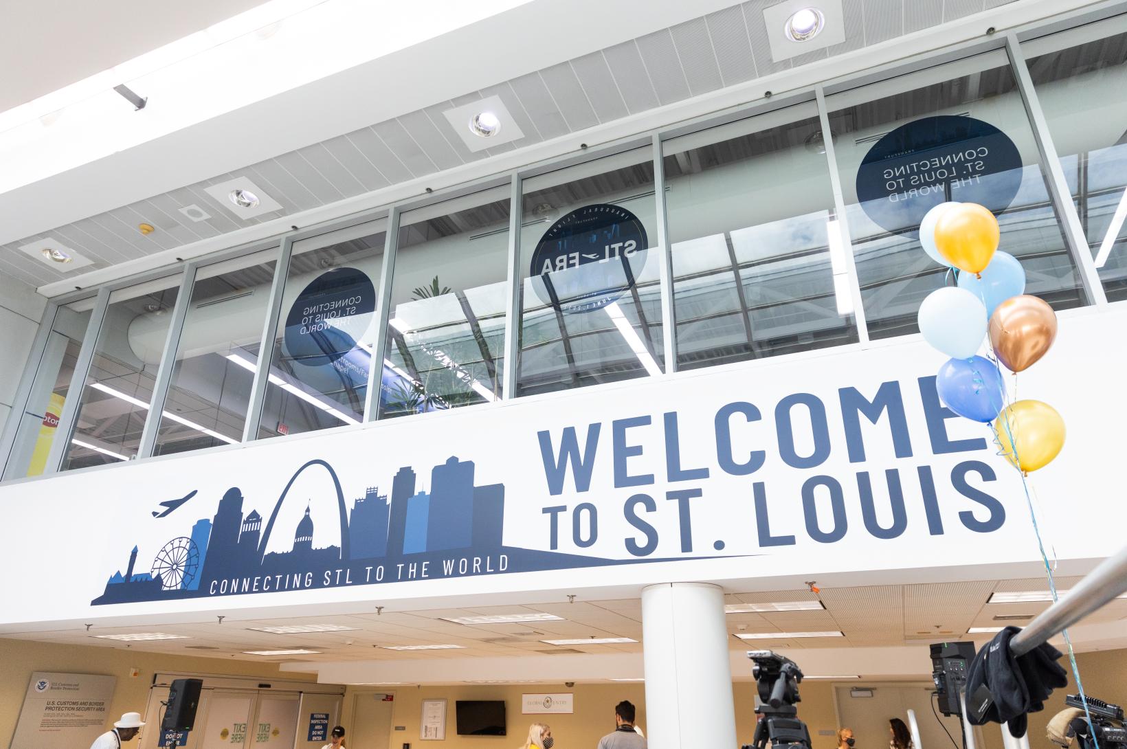 Lufthansa 1st Flight A sign reads "Welcome to St. Louis" at St. Louis Lambert International Airport